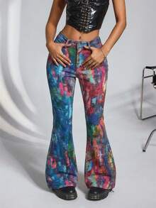 Jeanoix Quần jeans ống loe nữ họa tiết graffiti có túi, kiểu dáng thường ngày. - Nhiều màu - Xem 7