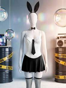 6件套女士兔女郎服装，包括缎面吊带裙、颈链、发箍和渔网袜 - 黑與白 - 查看 6