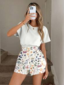 SHEIN LUNE Set de 2 piezas de top corto y shorts con estampado floral y patrón geométrico abstracto, cómodo para vacaciones y elegante para ir al trabajo, primavera/verano - Multicolor - Ver 7