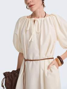 Aalyst Vestido camisero de mujer de poliéster-algodón con lazo en el cuello, mangas abullonadas, corte holgado, bolsillos laterales, manga corta, longitud larga. Elegante, romántico, vintage, para oficina, trayecto, negocios, playa, casual, versátil, adecuado para primavera/verano, vacaciones, San Valentín, té de la tarde, fiestas - Albaricoque - Ver 7