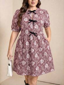 Comfylo Plus Size Women Floral Print Tie Front Ruffle Fashion Date Party Dress - Brown - View 4