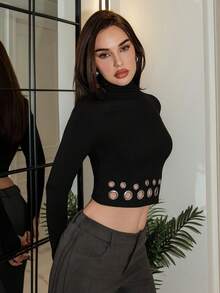 Bris Aura 2025 New Arrival Minimalist Fall-Winter Women's Slim-Fit Turtleneck Cropped Long Sleeve Top With Bold Metallic Eyelet Hem, Avant-Garde, Urban Cool Style, Statement Piece, Figure-Flattering, Party-Ready Eye-Catcher, Hot Girl, Cutting-Edge Design, Fashion-Forward, Black Top - Black - View 4