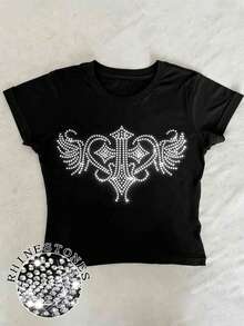 SHEIN Women's Cross Wing Rhinestone Embellished Cropped Comfortable Round Neck Top, Suitable For Daily Wear All Seasons - Black - View 4