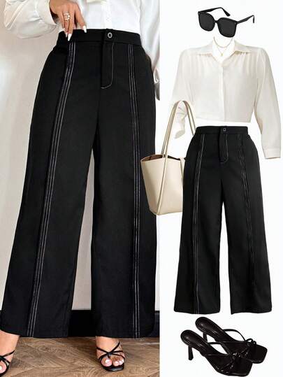 Elenzga Quần tây công sở nữ cỡ lớn với viền trang trí tương phản.