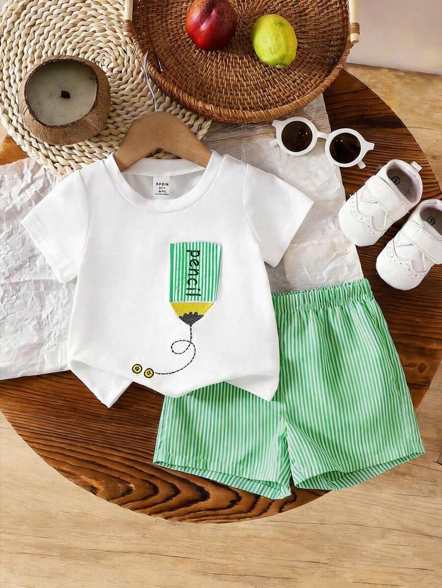 SHEIN Vintaside Kids 2件套幼儿男童可爱刺绣铅笔图案白色针织短袖T恤和条纹休闲梭织短裤套装，适合夏季日常穿着、户外运动和休闲外出。 - 彩色 - 查看 1