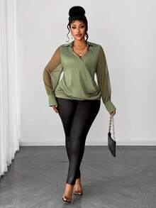 Maweii Camisa elegante de talla grande con mangas transparentes, cuello y cruce frontal para citas - Verde - Ver 3