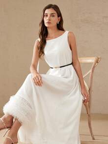 BELROSIE Women's Elegant White Summer Vacation Long Maxi A-Line Dress,Mesh Round Neck Sleeveless Crinkle Fabric Ruffle Hem French Party Wedding Guest - White - View 6
