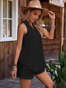 EMERY ROSE Conjunto feminino casual de férias com regata e shorts em cor sólida, 2 peças. - Preto - Ver 5