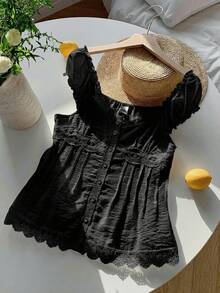 Comfortcana 女士黑色优雅夏季纯色荷叶边前扣心形领休闲梭织衬衫，适合海滩、约会、时尚、预约、通勤等场合 - 黑色 - 查看 6