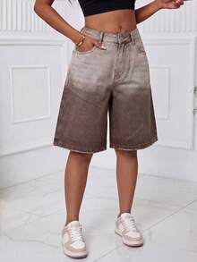 SHEIN ICON Quần short denim ống rộng dáng rộng, kiểu dáng thường ngày, màu ombre, dành cho nữ, thích hợp mặc mùa hè. - màu nâu - Xem 3