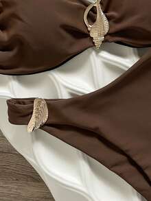 Swim Chiccia 春夏纯色无钢圈装饰吊带背心和泳裤女士沙滩度假优雅坦克泳装套装 - 棕色 - 查看 4