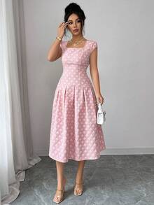 Elenzga 女士方领提花短袖优雅连衣裙 - 粉色 - 查看 5
