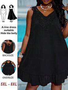 SHEIN CURVE+ Curve 尺码 US22 音乐节、海滨度假、波西米亚风女士夏季休闲沙滩度假风撞色蕾丝荷叶边下摆无袖宽松连衣裙 - 黑色 - 查看 1