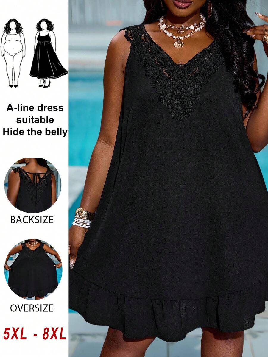 SHEIN CURVE+ Curve 尺码 US22 音乐节、海滨度假、波西米亚风女士夏季休闲沙滩度假风撞色蕾丝荷叶边下摆无袖宽松连衣裙 - 黑色 - 查看 1