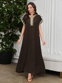 Al Najma Embroidered Collar Floral Raglan Sleeve Mandarin Collar Elegant Arabic Dress - Coffee Brown - View 7