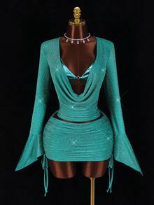 Amplova Women's Sexy 2 Pieces Set, Suitable For Party, Long Sleeve Top With Bra Cup And Mini Skirt, Autumn/Winter - Blue - View 6