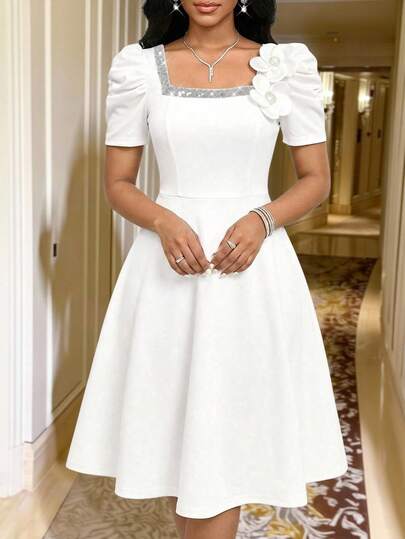 SHEIN Lady Elegant Sequin 3D Floral Decor White Summer Dress