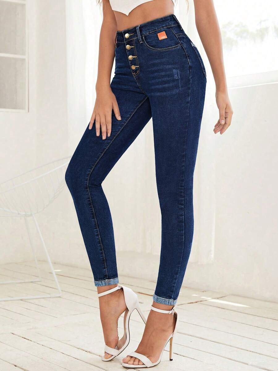 SHEIN Frenchy Women's Button Front Pocket Skinny Sleeve Denim Pants - Dark Wash - View 1