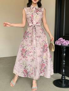 DAZY Women's Blush Pink Elegant Floral Print Mid-Length Dress,Summer Boho Sun Dresses For Date Night,Vacation Outfit,Festive Casual Sleeveless Belted Dress - Pink - View 5