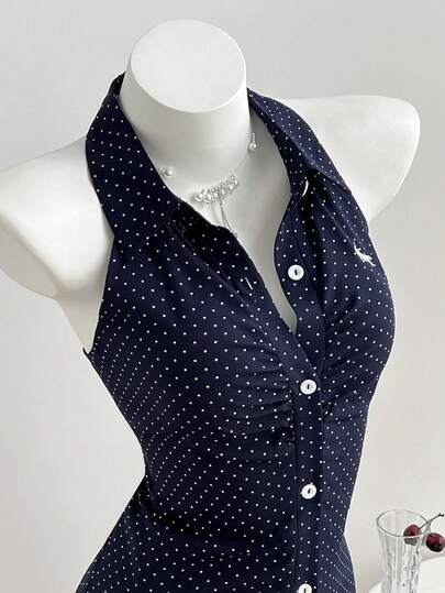 Elamini Đầm ngắn dáng chữ A không tay cổ sơ mi, thắt eo, in họa tiết chấm bi dành cho nữ, thích hợp cho mùa xuân/hè.