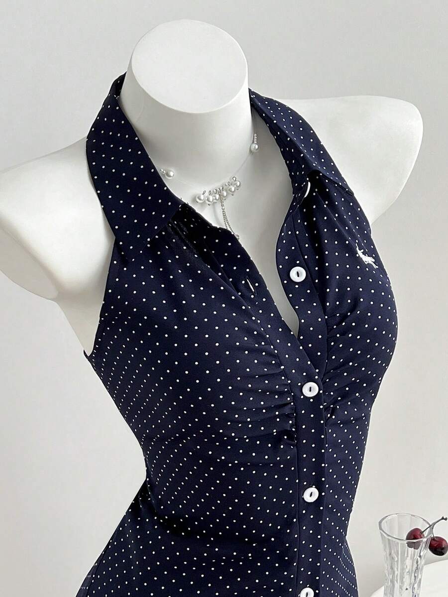 Elamini Đầm ngắn dáng chữ A không tay cổ sơ mi, thắt eo, in họa tiết chấm bi dành cho nữ, thích hợp cho mùa xuân/hè. - Màu xanh hải quân - Xem 1