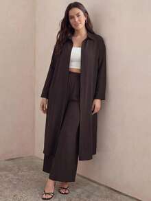 Juhart Plus Size "LUNE" Women's Casual Long Jacket And Regular Pants Retro Simple 2 Pieces Outfit - Multicolor - View 8