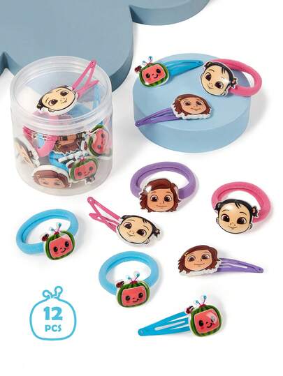 CoComelon X SHEIN 12 piezas Conjunto de gomas y pasadores para el cabello de niñas con diseños de dibujos animados en colores de caramelo. Bandas elásticas ensanchadas y engrosadas que no jalan el cabello, adecuadas para recoger el cabello y el flequillo