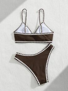 Swim Basics 夏季新款纯色可调节肩带贝壳饰边低腰三角比基尼两件套泳衣套装（女款） - 彩色 - 查看 2