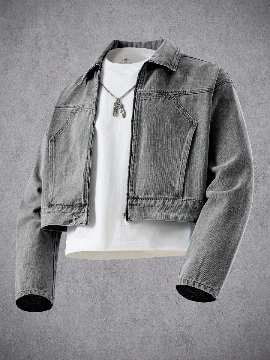 Manfinity Denimwave Men's Denim Short Jacket, Long Sleeve Cropped Men Jacket - Grey - View 1