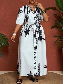 SHEIN CURVE+ Đầm ngắn tay thanh lịch in hoa dành cho nữ cỡ lớn - Nhiều màu - Xem 5