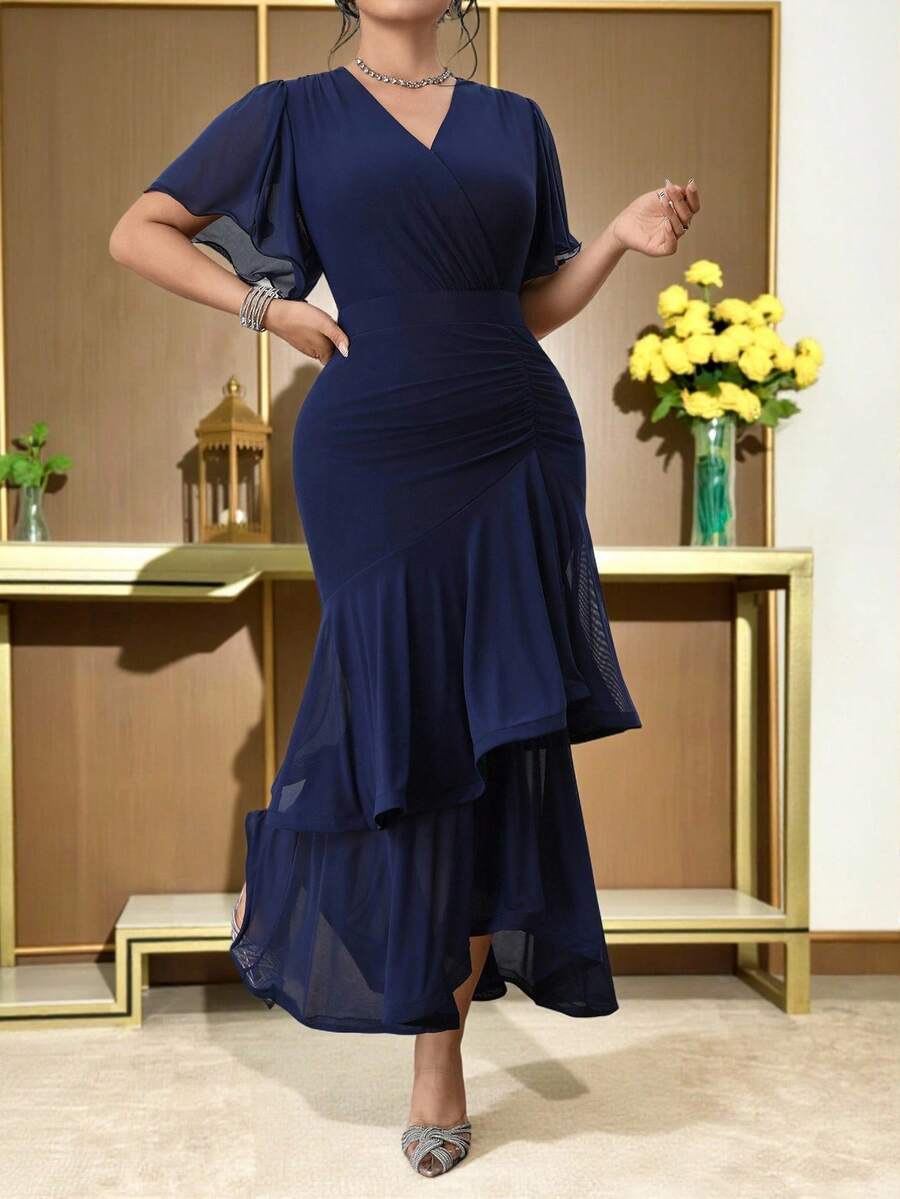 Modelyn Plus Size Women V-Neck Ruffle Patchwork Elegant Waist Cinched Party Dress - Navy Blue - View 1
