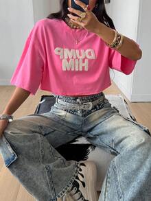 Coolane Women's Round Neck Letter Pattern Casual Versatile Everyday Short Sleeve T-Shirt - Pink - View 4