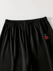 一件式短袖休闲印花春夏少女夏季通勤套装，运动休闲直筒裤，短袖轻便舒适两件套。 - 黑色 - 查看 6