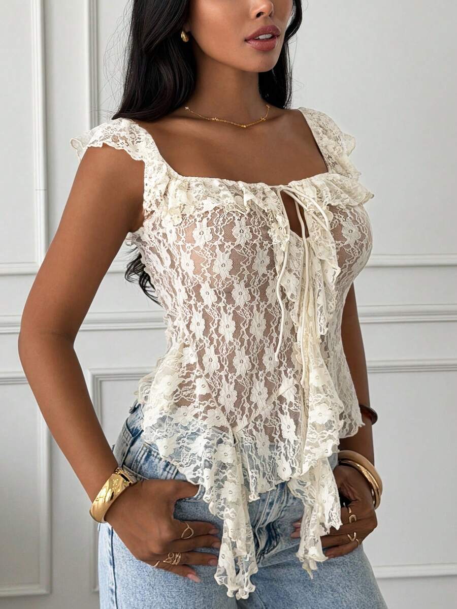 Slaydiva Blusa de encaje semitransparente con volantes y bajo asimétrico, de color albaricoque, de estilo bohemio, romántico y perfecto para vacaciones y citas de verano para mujeres - Albaricoque - Ver 1