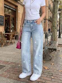 SHEIN ICON Quần jeans nữ dáng suông, rộng rãi, đa năng, có túi. - Màu xanh lam - Xem 6