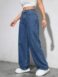 Rivivi Plus Size Casual Versatile Solid Color Slant Pocket Wide Leg Jeans - Medium Wash - View 4