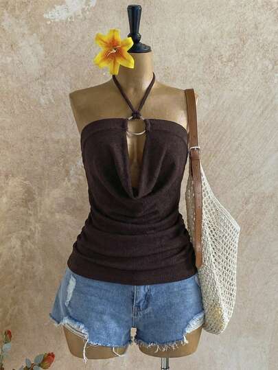 Bluhae Circular Design Sexy Casual Matching Camisole, Coffee Color Draped Neck Sleeveless Top For Women, Suitable For Vacation, Holiday, Outdoor Wear