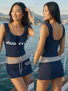 Fluxe Women's Casual Striped Patchwork Letter Print Backless Top, Summer - Black - View 1