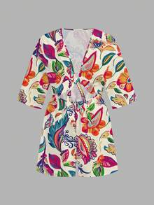 Slaydiva Spring/Summer New Vacation Twist Front Hollow-Out 3/4 Sleeve Loose Romper/New Music Festival/Western /Boho/Easter/Nashville/Casual All-Match Versatile Leisure/Travel Beach Sunbathing/Vacation/Tropical Print - Multicolor - View 3
