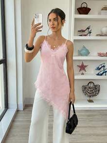 Elouméa Women's Elegant Lace Asymmetric Hem V-Neck Camisole, Suitable For Vacation, Daily Wear, Date, Spring/Summer - Pink - View 4