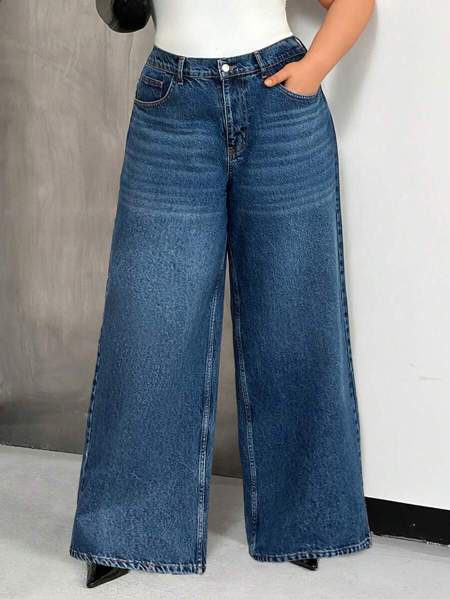 SHEIN Damen Jeans in Große Größen mit weitem Bein - Blau - Übersicht 1