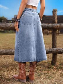 Breezaya Falda vaquera casual y versátil para uso diario con bolsillos y diseño de abertura con botones en la parte delantera - Azul lavado medio - Ver 2