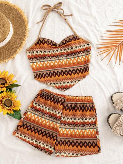 Tween Girls Summer Beach Vacation Bowknot Spaghetti Strap V-Neck Cropped Asymmetric Hem Sleeveless Top And Tight Shorts Colorful Striped Knit Camisole Set