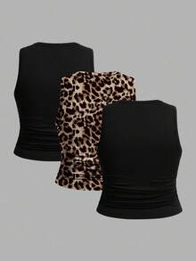 SHEIN EZwear 3件套休闲纯色及豹纹樱桃印花修身加大码吊带背心，夏季 - 彩色 - 查看 2