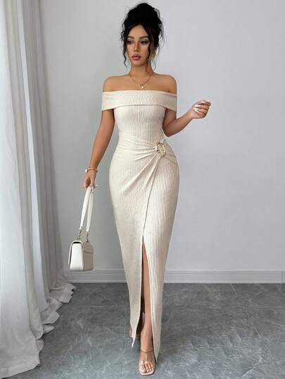 Arcane Artistry Vestido ajustado de unicolor y geométrico de metal con hombros descubiertos, vestido elegante y sexy de punto con abertura, vestido de punto de unicolor suave, vestido para ir al trabajo, vestido de vacaciones y citas en la playa, vestido cómodo y ajustado