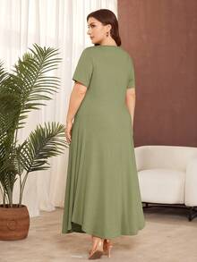 Lacomfia Plus Size Solid Color Short Sleeve Knit Casual Ruffle Hem Dress - Green - View 2