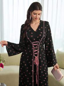 Al Najma 女士春夏印花粉色收腰A字优雅浪漫阿拉伯风连衣裙 - 彩色 - 查看 5