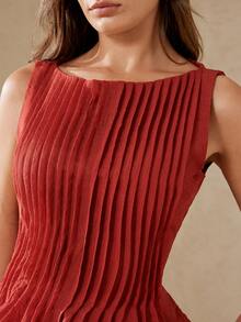 Aveloria Rosie 欧美夏季时尚女装新款百搭无袖褶皱迷你裙上衣，法式浪漫复古收腰伞裙廓形设计，高腰显瘦圆领度假风上衣 - 酒紅色 - 查看 3