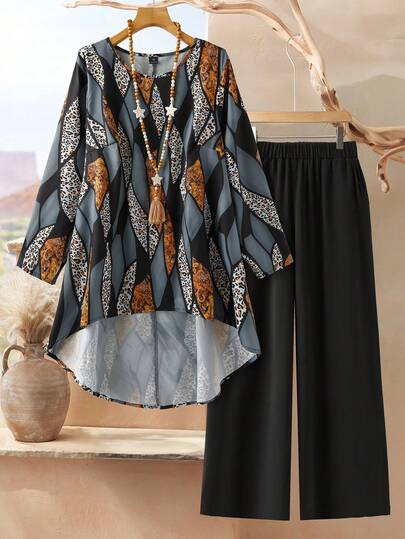 EMERY ROSE Plus Size Women 2 Pieces Set: Full Print Long Sleeve Top And Wide Leg Pants, Casual Daily Wear,Summer Dresses For Women,Spring Outfit Women ,Vacation Outfits Women