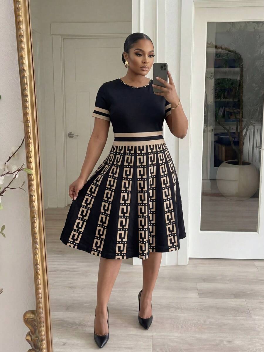SHEIN Lady CURVE Đầm dự tiệc và thường ngày thanh lịch dành cho nữ cỡ lớn, họa tiết hình học, cổ tròn, thắt eo, thích hợp cho dự tiệc và thường ngày.